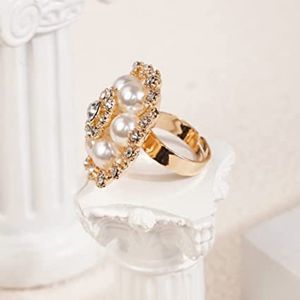 YERTTER Boho Gold Oversized Pearl Rhinestone Crystal Flower Ring Women
